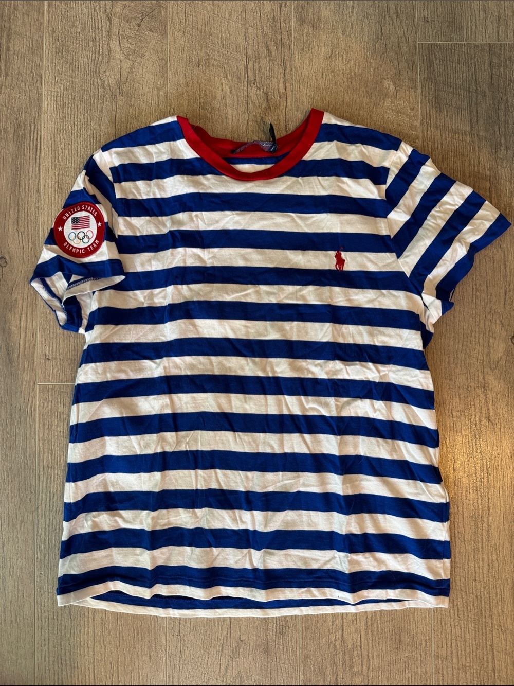Polo by Ralph Lauren White & Blue Striped Olympic Tee with Red Trim